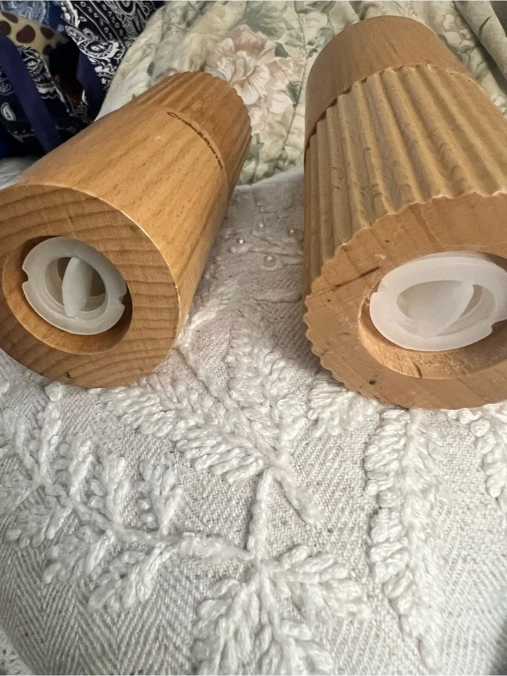 Crate&Barrel Oak Wood Ribbed Salt and Pepper Mills - Natural Tan